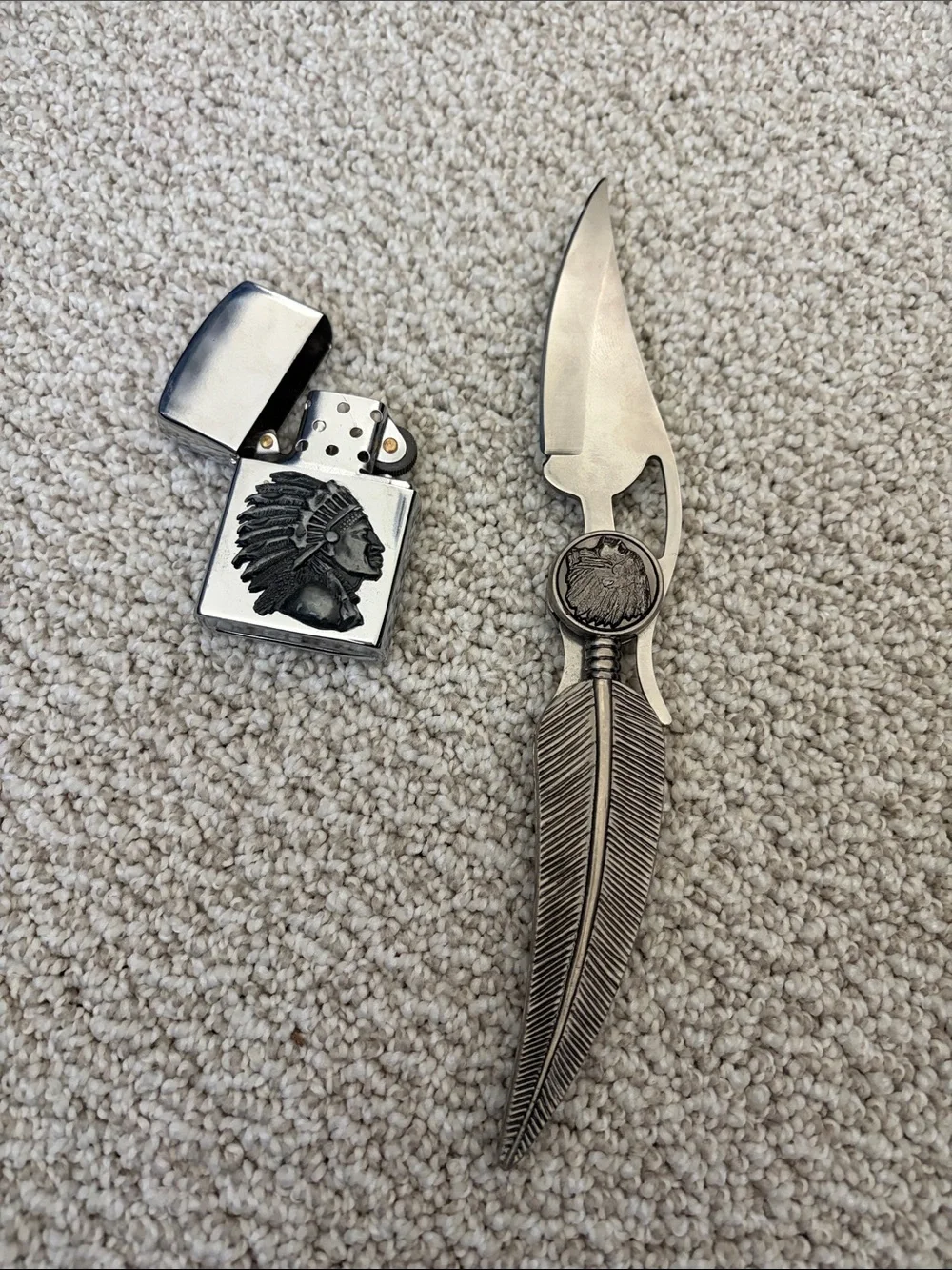 Silver Tone Feather Letter Opener/Knife & Lighter Gift Set